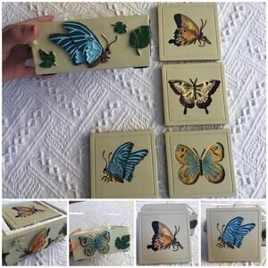 VTG 3D Butterfly Coaster Set w/ Holder 4‑Piece Resin Square New Open Box Cottage